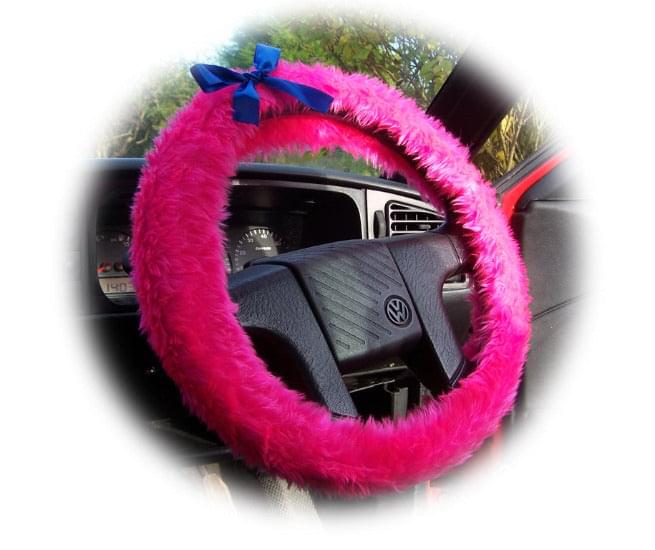 Barbie Pink fluffy faux fur car steering wheel cover with Royal Blue satin Bow Poppys Crafts