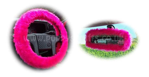Barbie Pink fuzzy steering wheel cover with cute matching rear view mirror cover