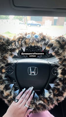 Fuzzy Leopard print faux fur monster steering wheel cover