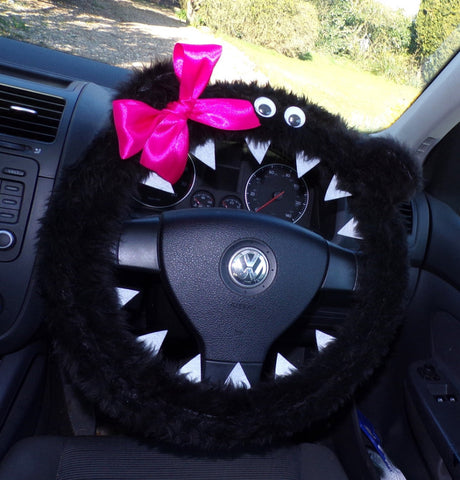 Fuzzy Black faux fur monster car steering wheel cover with cute pink bow