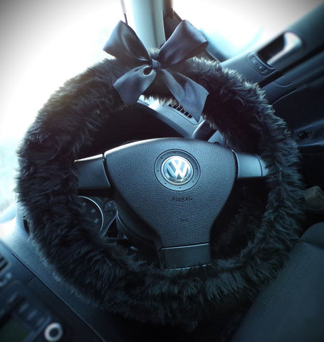 Black fluffy faux fur car steering wheel cover with Black satin Bow