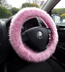 Blossom Pink fuzzy faux fur car steering wheel cover by Poppy's Crafts.