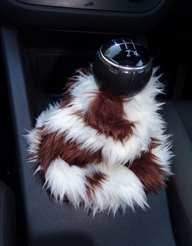 Brown and cream cow print faux fur fluffy gear stick gaiter cover
