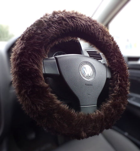 Dark Chocolate brown fuzzy faux fur car steering wheel cover