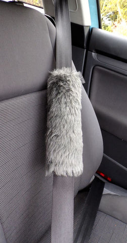 Dark grey Fuzzy faux fur car seatbelt pads furry and fluffy