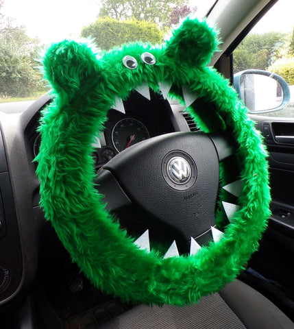 Emerald Green fuzzy Monster car steering wheel cover