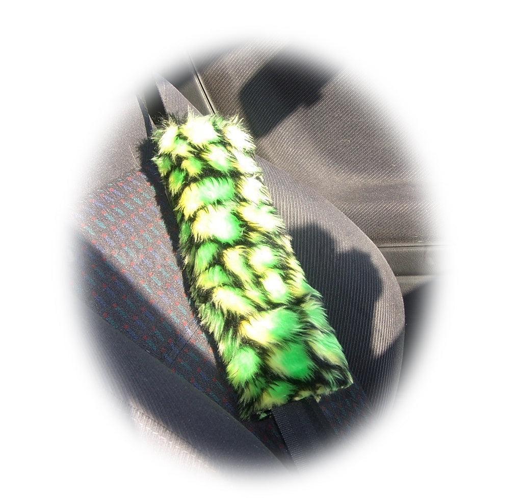Crocodile reptile green fuzzy faux  fur seatbelt pads 1 pair
