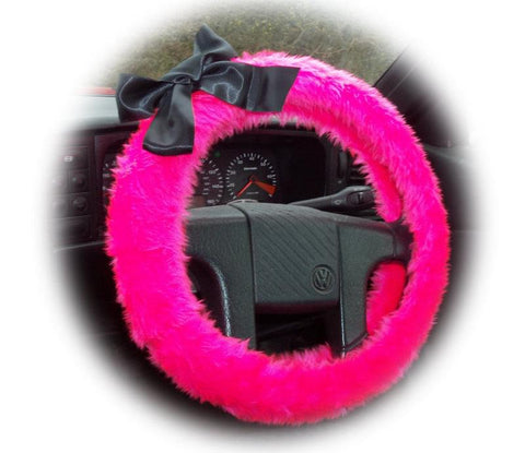 Barbie Pink fluffy faux fur car steering wheel cover with Black satin Bow