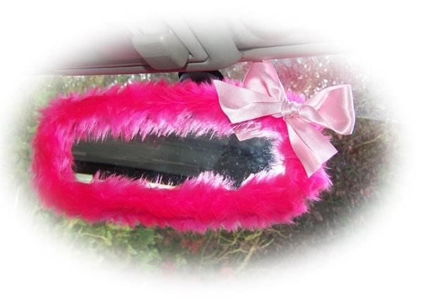 Barbie pink faux fur rear view interior car mirror cover with baby pink satin bow Poppys Crafts