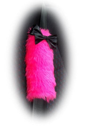 1 pair of faux fur Fuzzy barbie pink car seatbelt pads with black satin bows Poppys Crafts
