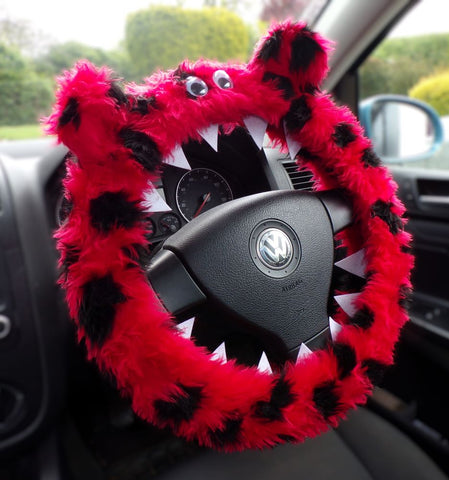 Fuzzy faux fur ladybird red and black spotty monster steering wheel cover