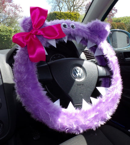 Fuzzy Faux fur Lilac Monster steering wheel cover with cute pink bow