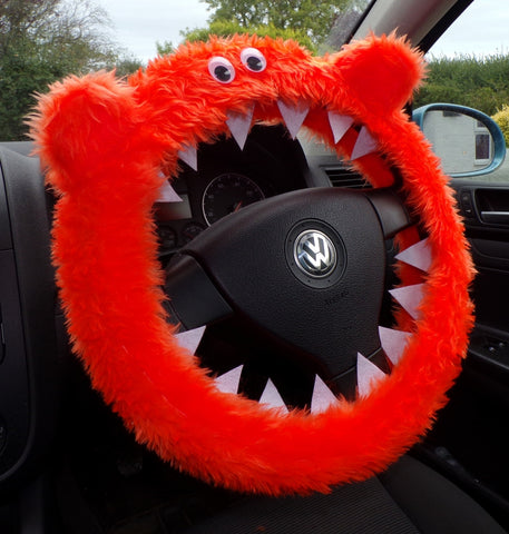 Tangerine Orange Monster fuzzy faux fur steering wheel cover