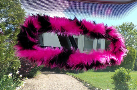 Pink and black tiger print faux fur rear view interior mirror cover