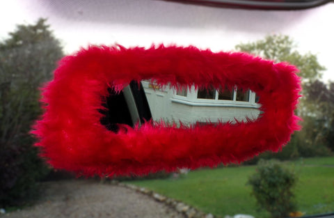 Racing red cute faux fur furry fluffy fuzzy rear view interior car mirror cover