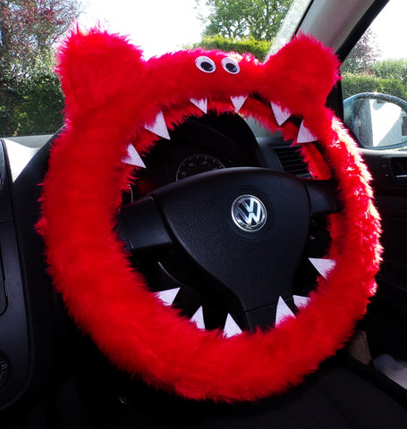 Red fuzzy faux fur Monster steering wheel cover