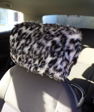 Snow Leopard Fuzzy Faux Fur Car Headrest Covers