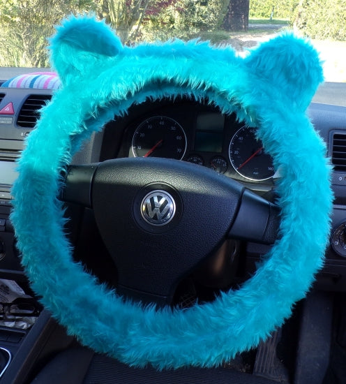 Turquoise Teal fuzzy Steering Wheel Cover with Ears Poppys Crafts