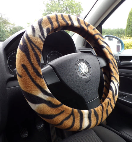Gold and black tiger stripe fleece car steering wheel cover