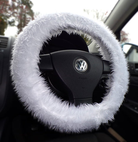 White fuzzy faux fur car steering wheel cover