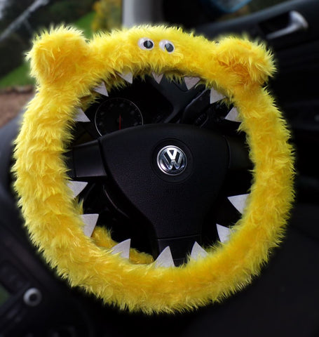 Fuzzy faux fur Yellow Monster steering wheel cover
