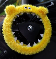 Fuzzy faux fur Yellow Monster steering wheel cover