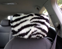 Zebra stripe black and white faux fur fuzzy car seat headrest covers