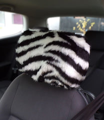 Zebra stripe black and white faux fur fuzzy car seat headrest covers
