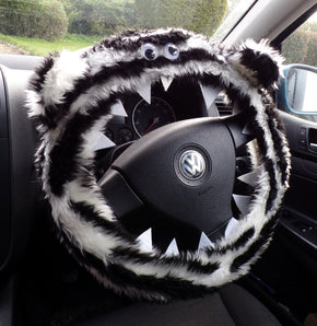 Black and white Zebra Stripe faux fur fuzzy monster car steering wheel cover