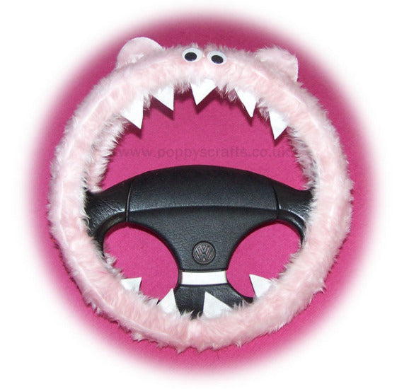 Cute Fuzzy Baby pink faux fur Monster car steering wheel cover with pink bow fluffy furry fun Poppys Crafts