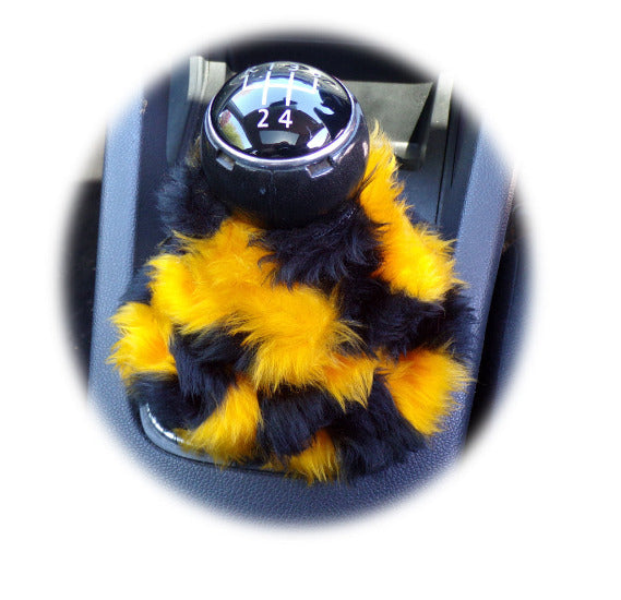 Bumble Bee Striped print faux fur fluffy gear stick gaiter cover Poppys Crafts