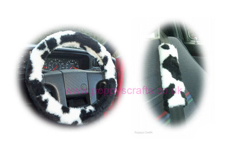 Black and White Cow print fuzzy Car Steering wheel cover & matching faux fur seatbelt pad set