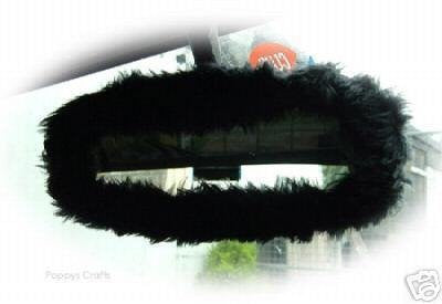 Black faux fur rear view interior car mirror cover Poppys Crafts