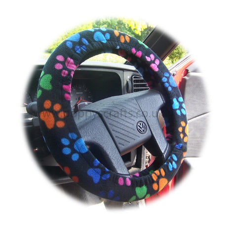 Black with multi-coloured Paw print fleece car steering wheel cover