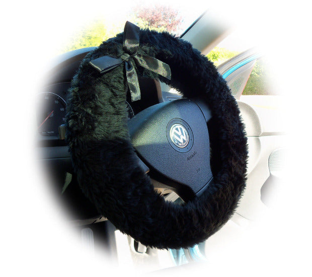 Black fluffy faux fur car steering wheel cover with Black satin Bow Poppys Crafts