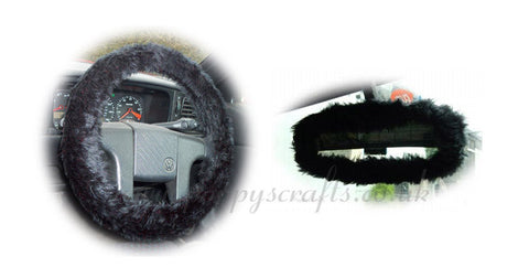 Black fuzzy faux fur steering wheel cover with cute matching rearview mirror cover