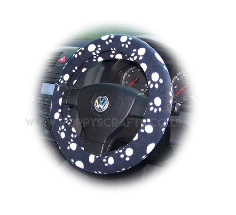 Black with white Paws paw print fleece car steering wheel cover