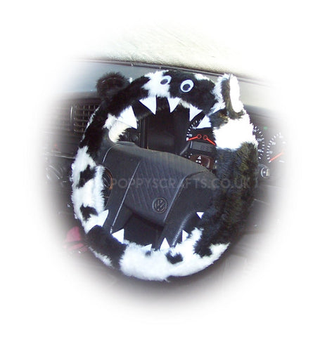 Black and white cow print faux fur fuzzy monster car steering wheel cover