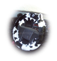 Black and white cow print faux fur fuzzy monster car steering wheel cover Poppys Crafts