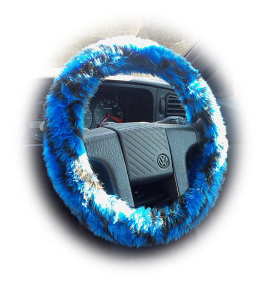 Royal Blue and Black fuzzy tiger stripe car steering wheel cover Poppys Crafts