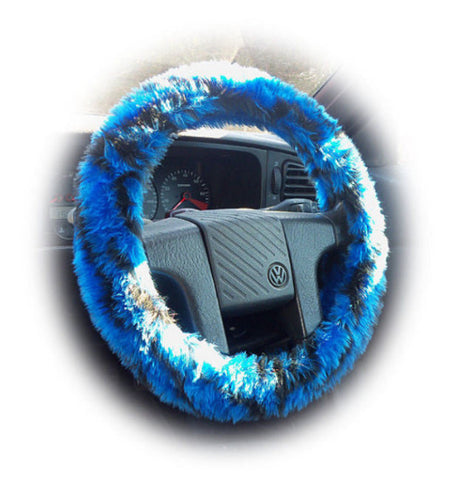 Royal Blue and Black fuzzy tiger stripe car steering wheel cover