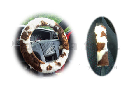 Brown and White Cow print fuzzy Car Steering wheel cover & matching faux fur seatbelt pad set