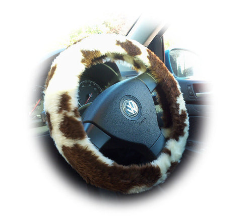 Brown and cream Cow print fuzzy car steering wheel cover