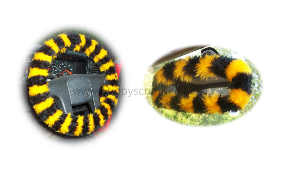 Bumble Bee Stripe fuzzy steering wheel cover with cute matching rear view interior mirror cover Poppys Crafts