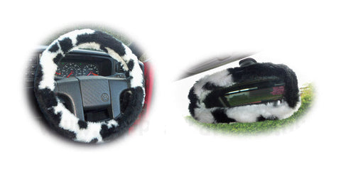Cow Print fuzzy steering wheel cover with cute matching rear view interior mirror cover