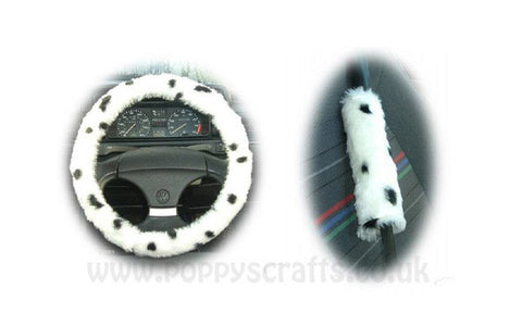 Dalmatian Spot fuzzy Car Steering wheel cover & matching faux fur seatbelt pad set