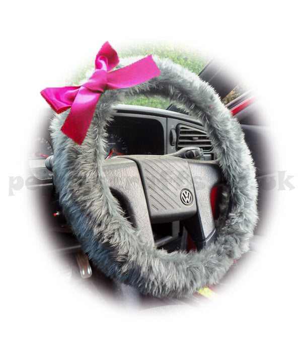 Dark Grey fuzzy faux fur car steering wheel cover with Barbie pink satin Bow Poppys Crafts