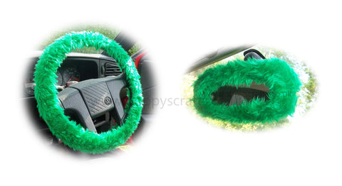 Emerald Green fuzzy steering wheel cover with matching rear view mirror cover