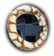 Giraffe print fuzzy Car Steering wheel cover & matching faux fur seatbelt pad set Poppys Crafts