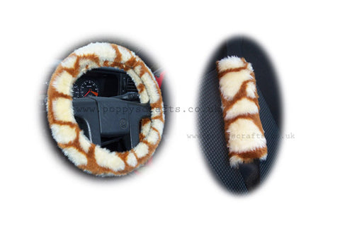 Giraffe print fuzzy Car Steering wheel cover & matching faux fur seatbelt pad set